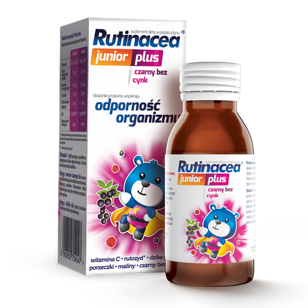 Rutinacea Junior Plus 100 ml dla dzieci już powyżej 3 roku życia. Produkt zawiera naturalne soki owocowe – koncentrat soku z czarnej porzeczki, sok malinowy oraz ekstrakt z dzikiej róży
