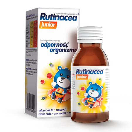 Rutinacea Junior 100 ml syrup for children over 3 years of age containing natural fruit juices from black currant and raspberries.