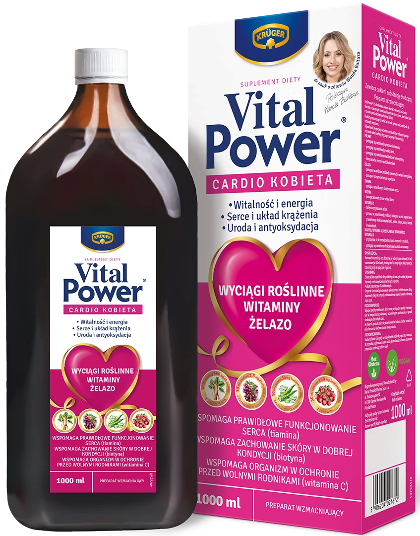 Vital Power Cardio Woman 1000 ml - contains ginseng root extract, red grape extract, aloe juice concentrate, cranberry juice concentrate, essential vitamins and iron.