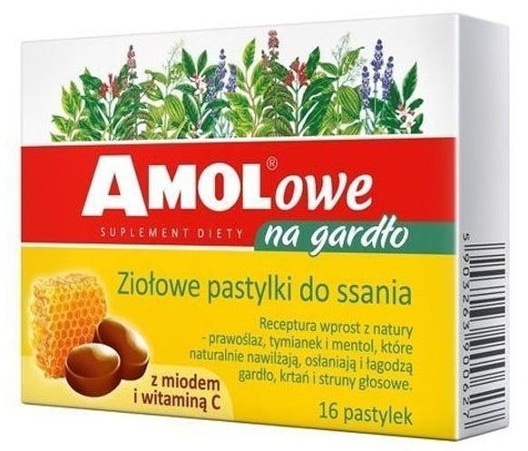 AMOLowe Pastylki Na Gardło Z Miodem i Witaminą C 16 pastylek do ssania