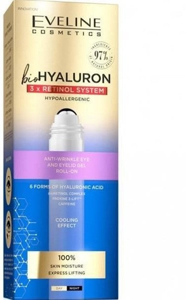 Eveline BioHyaluron 3x Retinol - Przeciwzmarszczkowy Żel Roll-on Do Oczu i Powiek 15ml