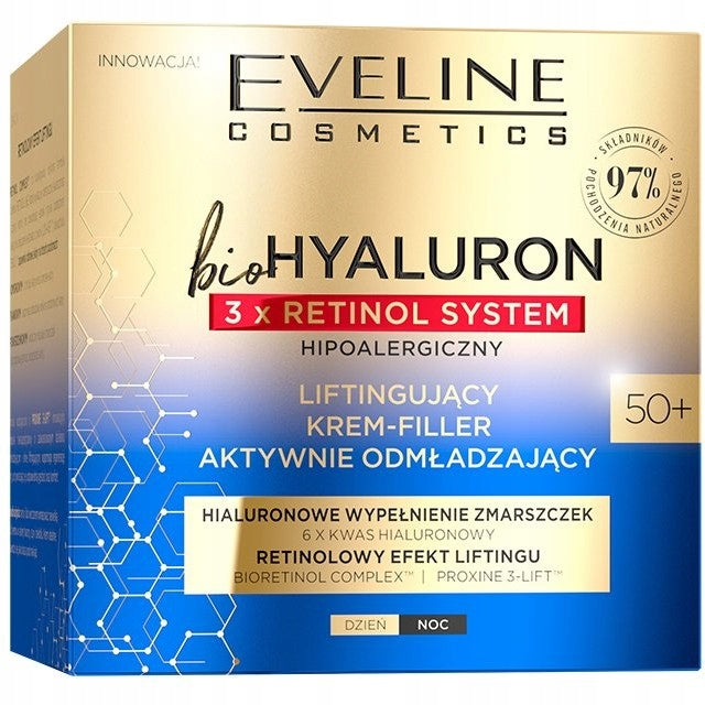 Eveline BioHyaluron 3x Retinol System 50+ Liftingujący Aktywnie Odmładzający Krem-Wypełniacz 50ml