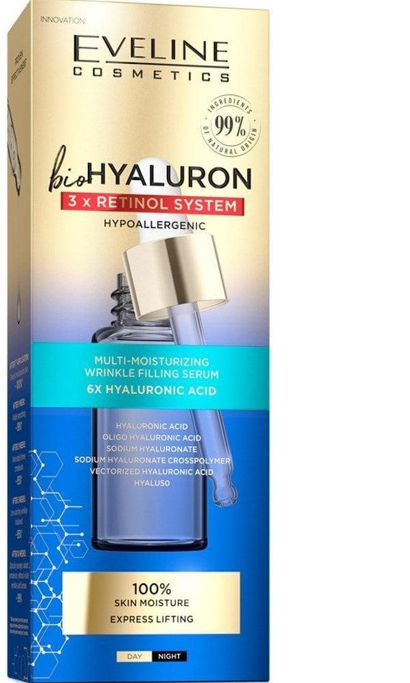 Eveline bioHYALURON 3xRetinol System Multinawilżające Serum Wypełniające Zmarszczki Dzień i Noc 18ml