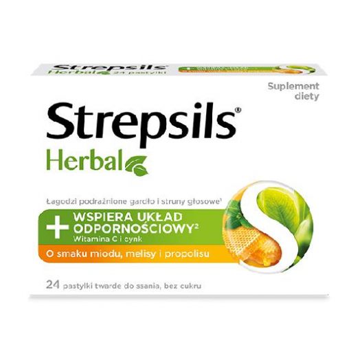 Strepsils Ziołowo-miodowy melisa i propolis bez cukru 24 pastylki do ssania 